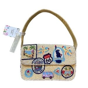 New Rare Viral Travel Passport Stamp New York Route 66 Beaded Bag Purse NWT